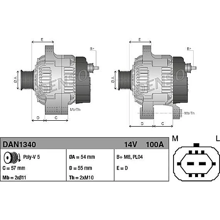 Alternator 14V 100A OPEL ASTRA H ASTRA H CLASSIC ASTRA H GTC COMBO TOUR COMBO-MINIVAN CORSA C CORSA D MERIVA A TI OPEL ASTRA H GTC (A04), Hatchback, 03.2005 - 10.2010 Denso DAN1340